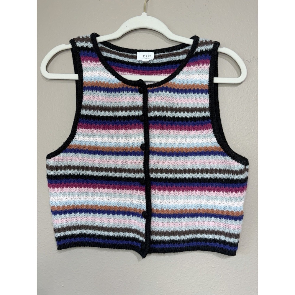 Le Lis Womens Colorful Rainbow Knit Vest Medium Boho Indie Cottage Button Front